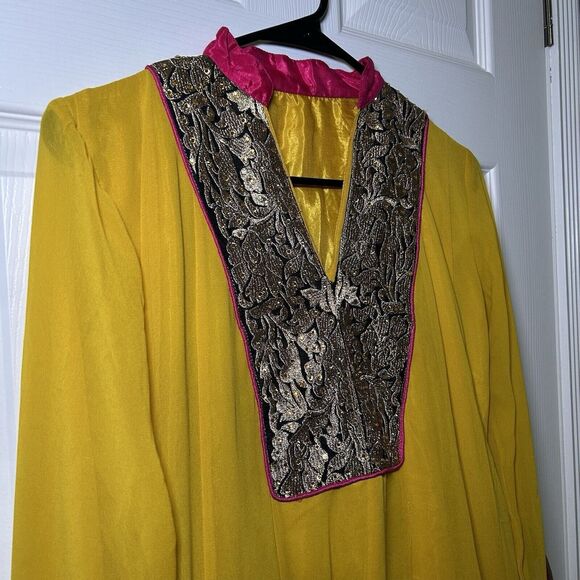 Custom Handmade Women’s Long Sleeve Embroidered Dress Yellow Size Medium - Picture 2 of 7